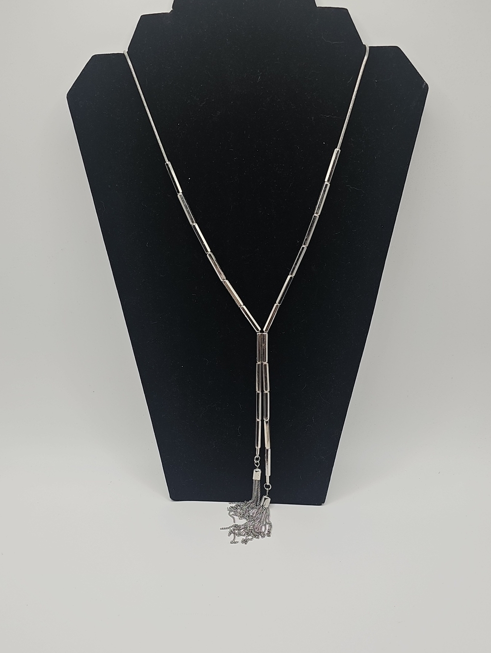 White House Black Market Silver Y-Design Tassel Necklace - Nice